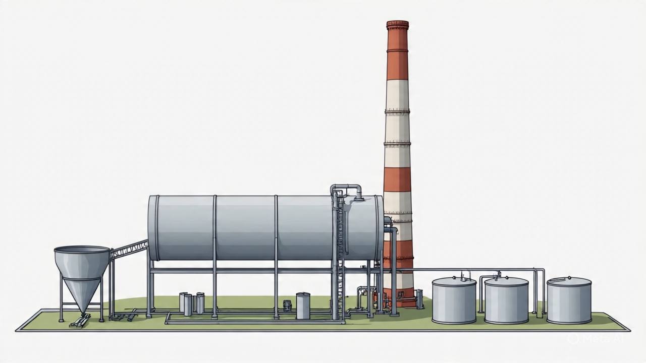 Schéma technique du réacteur de pyrolyse Apollyon — tambour rotatif, cheminée, trémie d'alimentation et cuves de stockage
